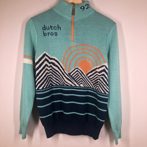Dutch Bros Sweaters - Dutch Bros Coffee 1/4 Zip Sweater Sunrise Mountains Knit Pullover Medium